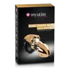 MyStim - Pubic Enemy No 1 Gold. Metalowa klatka na penisa z funkcją elektrostymulacji 
