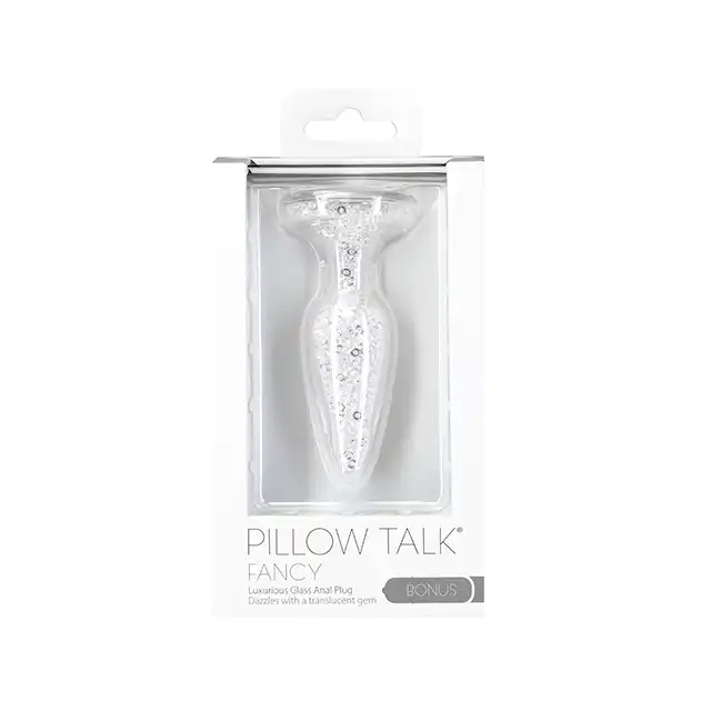 Pillow Talk - Fancy. Szklany korek analny wypełniony mieniącymi się kryształkami. Zdobiony dodatkowo kryształkiem w podstawie