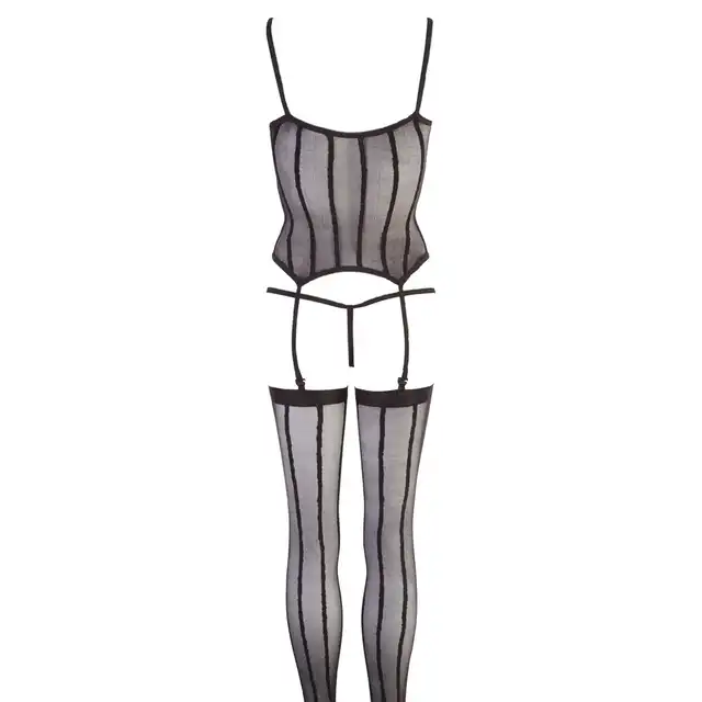 No:Xqse -  Basque Set  S/L. Elegancki, prześwitujący bodystocking w typie gorsetu z pończochami i stringami