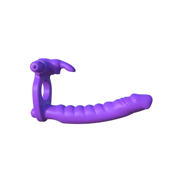 Pipedream - Silicone Double Pene Rabbit. Wibrujący strapon z żebrowaną teksturą, ringiem na penisa i wibrującym stymulatorem łechtaczki