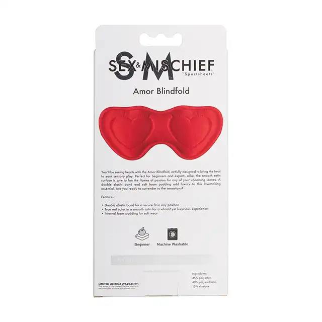 Sportsheets - Sex &amp; Mischief Amor Blindfold. Krwistoczerwona opaska na oczy w artystycznym wydaniu, urocze serduszka na oczach