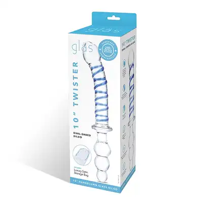 Gläs - Twister Dual Ended Dildo 9.25”. Hipoalergiczne szklane podwójne dildo z długim prostym trzonem i stożkowym plugiem analnym