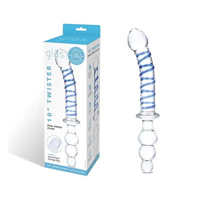 Gläs - Twister Dual Ended Dildo 9.25”. Hipoalergiczne szklane podwójne dildo z długim prostym trzonem i stożkowym plugiem analnym