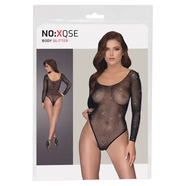 No:Xqse - Body Glitter S-L. Body z długim rękawem wysadzane błyszczącymi kryształkami. Przyciągają kuszące spojrzenia