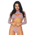 Leg Avenue - Rainbow top, string &amp; crop top. Tęczowy, siateczkowy komplet bielizny, mocno eksponujący krój, podkreślenie biustu