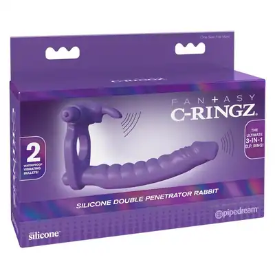 Pipedream - Silicone Double Pene Rabbit. Wibrujący strapon z żebrowaną teksturą, ringiem na penisa i wibrującym stymulatorem łechtaczki