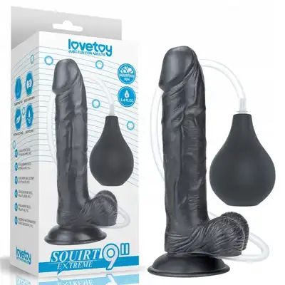 LoveToy - Squirt Extreme 9'' Squirting Dildo Black. Realistyczne dildo z przyssawką i wytryskiem. Ultra delikatna w dotyku powierzchnia, intensywne doznania