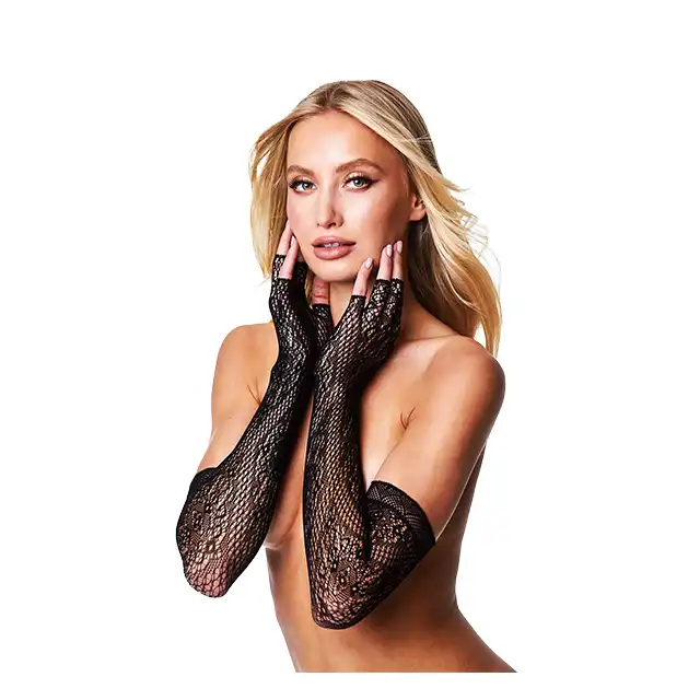 Baci - Fingerless Lace Opera Glove. Koronkowe rękawiczki o długości operowej, bez palców, delikatny wzór koronki, eleganckie wykończenie stylizacji