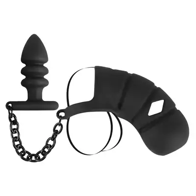 Black Velvets - Cock Cage with Butt Plug. Klatka na penisa, ring na jądra i żebrowany korek analny, połączenie solidnym łańcuszkiem