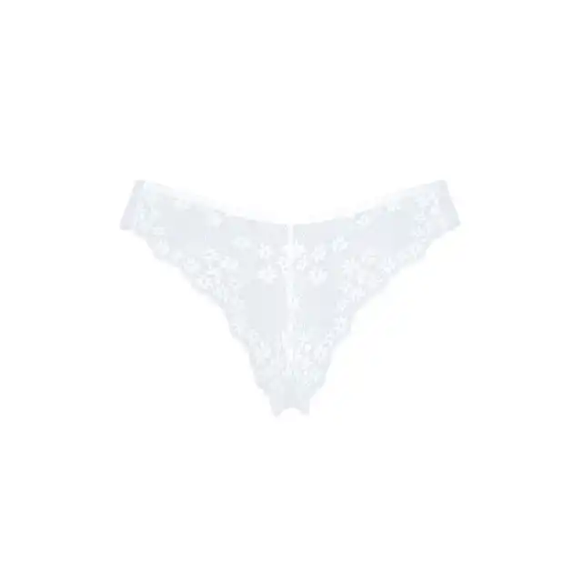 Obsessive - Heavenlly Panties M/L. Białe damskie figi, gładka prześwitująca siateczka i kwiatowa haftowana koronka