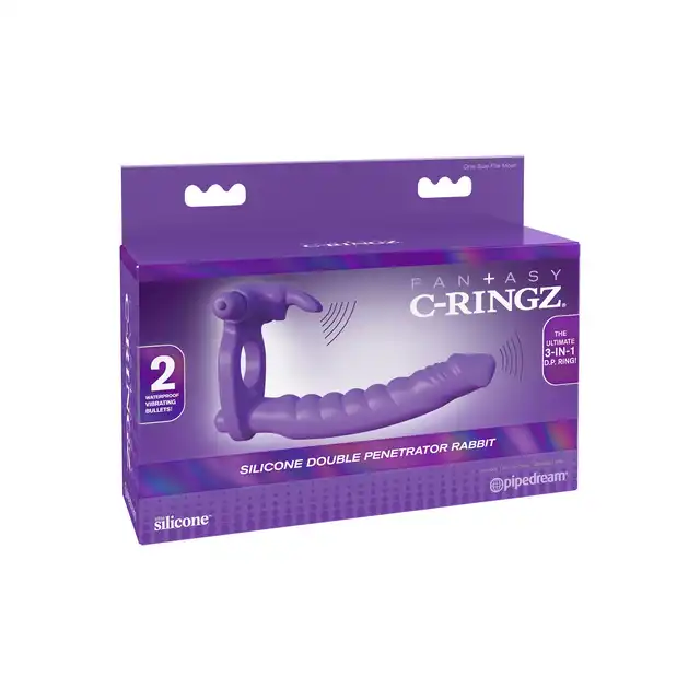 Pipedream - Silicone Double Pene Rabbit. Wibrujący strapon z żebrowaną teksturą, ringiem na penisa i wibrującym stymulatorem łechtaczki