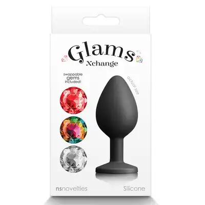 Glams -  Xchange Round Medium. Korek analny z wymiennymi kryształkami: czerwonym, przezroczystym i tęczowym