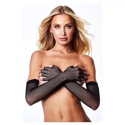 Baci - Fingerless Fishnet Opera Glove. Koronkowe rękawiczki o długości operowej, bez palców, delikatny wzór fishnet, eleganckie wykończenie stylizacji