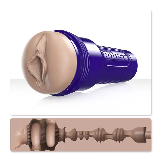 Fleshlight - Boost Bang. Nowoczeny masturbator z realistyczną pochwą i teksturowanym rękawem z pierścieniami, wypustkami i żłobieniami