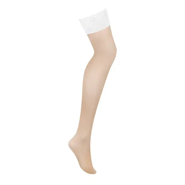 Obsessive - Heavenlly Stockings XS/S. Gładkie beżowe pończochy z białym wykończeniem kwiatową koronką, noc poślubna w eleganckim wydaniu