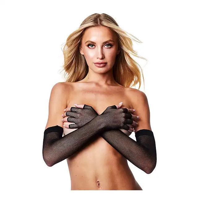 Baci - Fingerless Fishnet Opera Glove. Koronkowe rękawiczki o długości operowej, bez palców, delikatny wzór fishnet, eleganckie wykończenie stylizacji