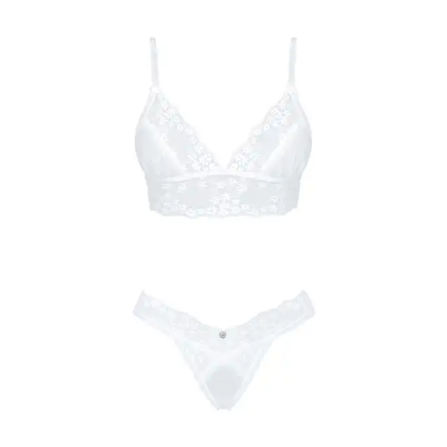 Obsessive - Heavenlly Set XS/S. Elegancki zestaw bielizny w bieli, delikatna siateczka i haftowane drobne kwiatki, idealne podkreślenie kobiecości