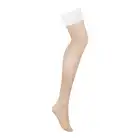 Obsessive - Heavenlly Stockings XS/S. Gładkie beżowe pończochy z białym wykończeniem kwiatową koronką, noc poślubna w eleganckim wydaniu