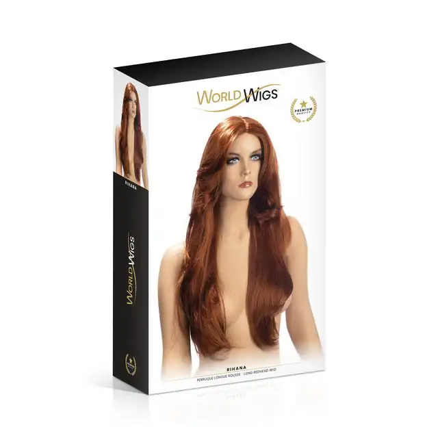 World Wigs - Rihana. Długa, miedziana peruka z obłędnie błyszczącymi włosami. Idealna opcja na wieczorne wyjście lub roleplay