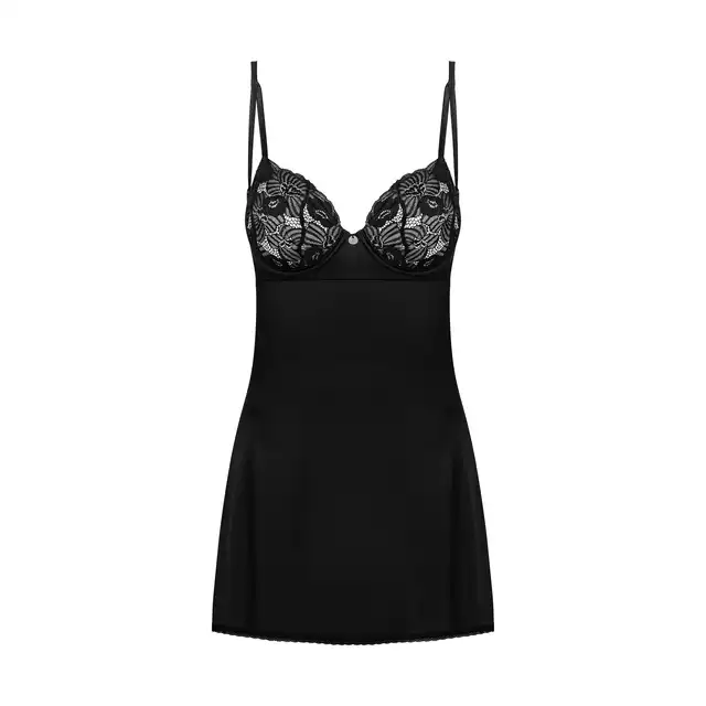 Obsessive - Serena Love Chemise XS/S. Czarna delikatna koszulka i stringi. Piękna koronka na biuście i delikatnie rozkloszowany dół