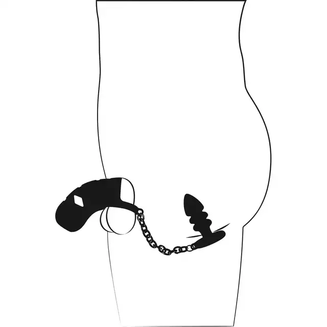 Black Velvets - Cock Cage with Butt Plug. Klatka na penisa, ring na jądra i żebrowany korek analny, połączenie solidnym łańcuszkiem