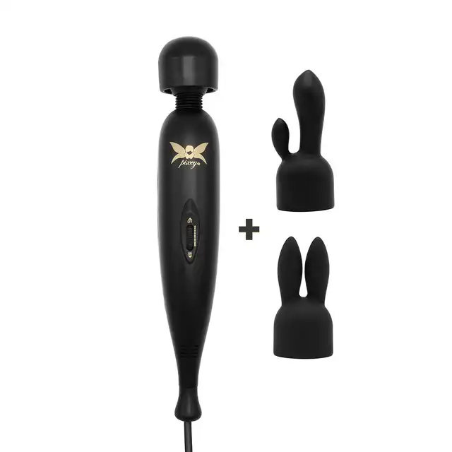 Pixey - Turbo Powerful Wired Wand Black. Potężna przewodowa magiczna różdżka w zestawie z 2 niezwykłymi nakładkami