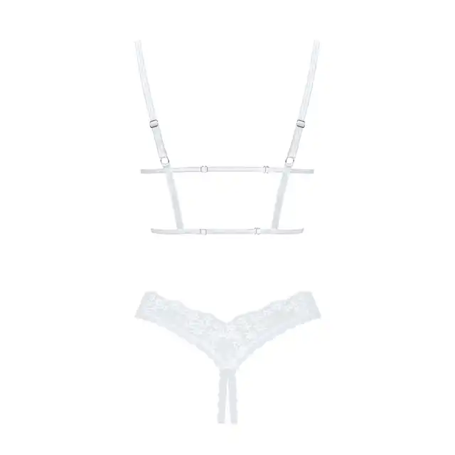 Obsessive - Heavenlly Cupless Set XS/S. Odważny komplet bielizny, otwarty biustonosz z fiszbinami i stringi z otwartym krokiem, ponętne podkreślenie sylwetki