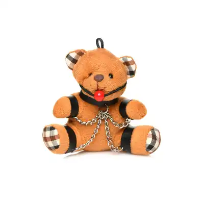 Master Series - Gagged Teddy Bear Keychain - unikatowy prezent. Mini miś z gagiem i łańcuchami z opcją przypięcia