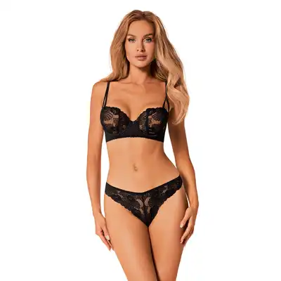 Obsessive - Serena Love Set XS/S. Seksowny komplet bielizny z delikatnej kwiatowej koronki. Mocno wycięte figi i prześwitujący biustonosz