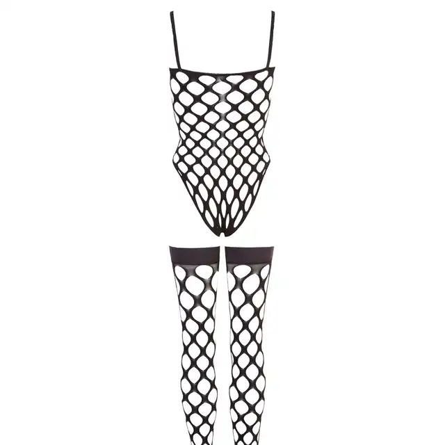 No:Xqse - Body + Stockings S-L. Komplet bodystocking, body i pończochy z grubej siateczki z idealnym dopasowaniem do sylwetki