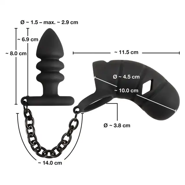 Black Velvets - Cock Cage with Butt Plug. Klatka na penisa, ring na jądra i żebrowany korek analny, połączenie solidnym łańcuszkiem