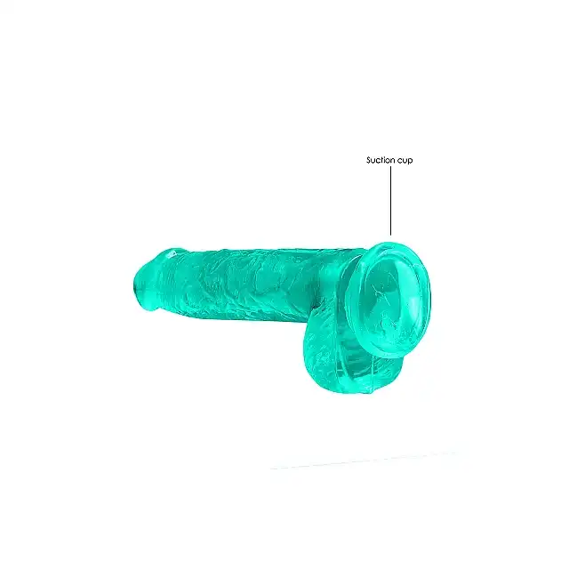 RealRock - Crystal Clear With Balls Turquoise 6". Realistyczne dildo z jądrami, przezroczysty materiał o trukusowym zabarwieniu