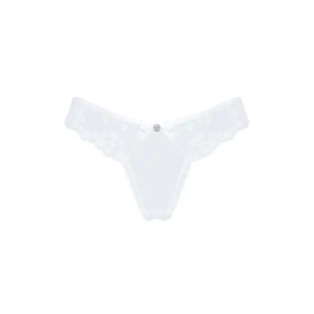 Obsessive - Heavenlly Panties M/L. Białe damskie figi, gładka prześwitująca siateczka i kwiatowa haftowana koronka