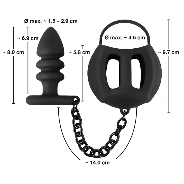 Black Velvets - Ball Cage with Butt Plug. Pierścień erekcyjny, klatka na jądra połączone metalowym łańcuchem z plugiem analnym