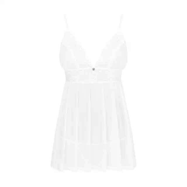 Obsessive - Heavenlly Babydoll M/L. Biała koszulka babydoll z rozkloszowanym dołem. Delikatny, prześwitujący materiał na noc poślubną