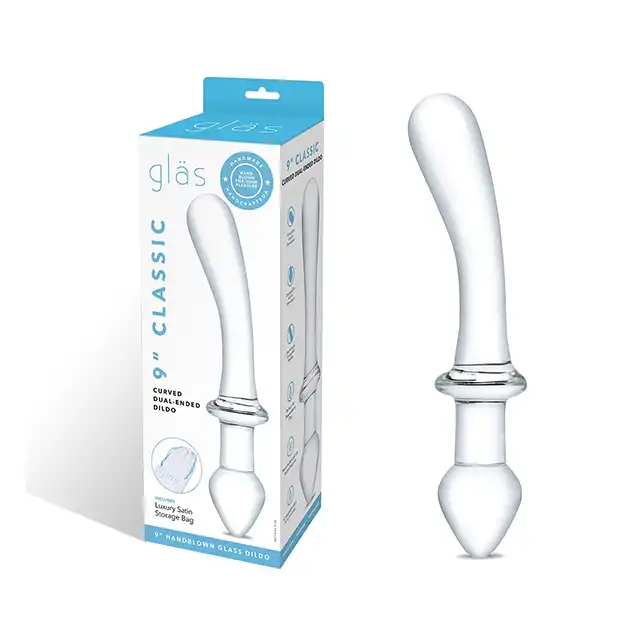 Gläs - Classic Curved Dual Ended Dildo 9.5”. Szklane podwójne dildo do stymulacji analnej i punktu G, hipoalergiczny materiał