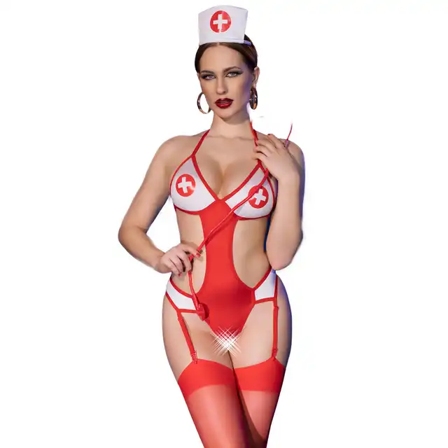 Chilirose - 4631 S/M. Zmyslowy kostium pielęgniarki gotowej do badania. Body z dziurką i pończochy w zestawie
