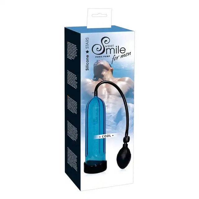 Sweet Smile - Smile Pump Blue Cool. Przejrzysta pompka próżniowa do powiększania penisa z miarką na cylindrze