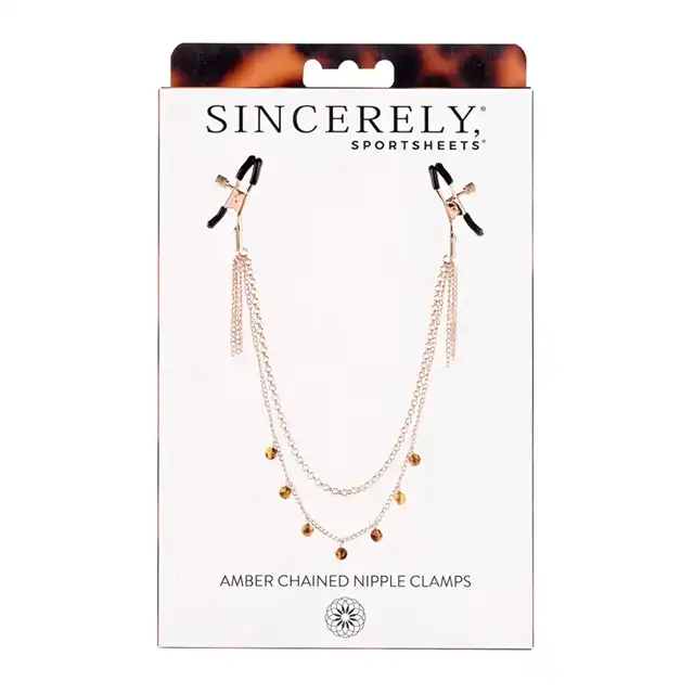 Sportsheets - Amber Chained Nipple Clamps. Klamerki na sutki z bursztynowymi koralikami i seksownym łańcuszkiem