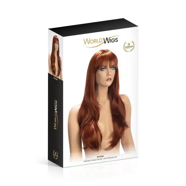 World Wigs - Diane Red. Długa peruka z prostą grzywką w miedzianym kolorze. Objętościowa fryzura i podkreślona twarz