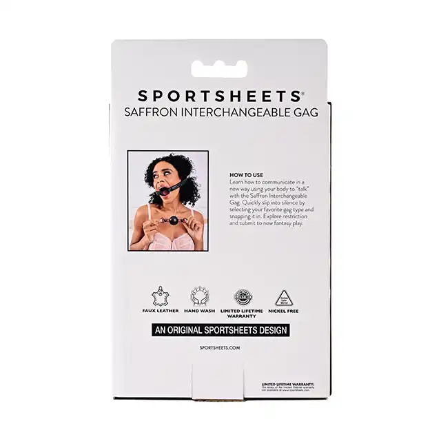 Sportsheets - Saffron Interchangeable. Knebel 2 w 1 z wymiennymi końcówkami. Otwarty ring lub kulka z otworami do oddychania