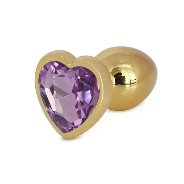 Passion Labs - Anal Hearty Buttplug L Gold &amp; Purple. Złoty korek analny z jasno fioletowym kryształkiem w kształcie serca