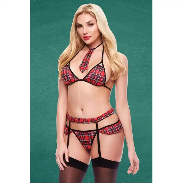 Teacher's Pet - Crisscross Schoolgirl Set M/L. Czteroczęściowy strój niegrzecznej uczennicy, mocno wyzywający komplet z krawatem