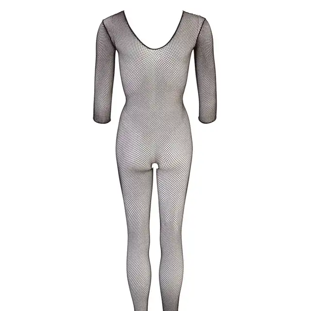 No:Xqse - Fishnet Catsuit Bodystocking S/L. Seksowny czarny bodystocking z otwartym kroczem i rękawem 3/4