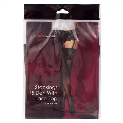 Kiss Me - Stockings 15DEN Black L/XL. Gładkie pończochy w eleganckim czarnym kolorze. Wykończone zmysłową koronką, szyte ręcznie