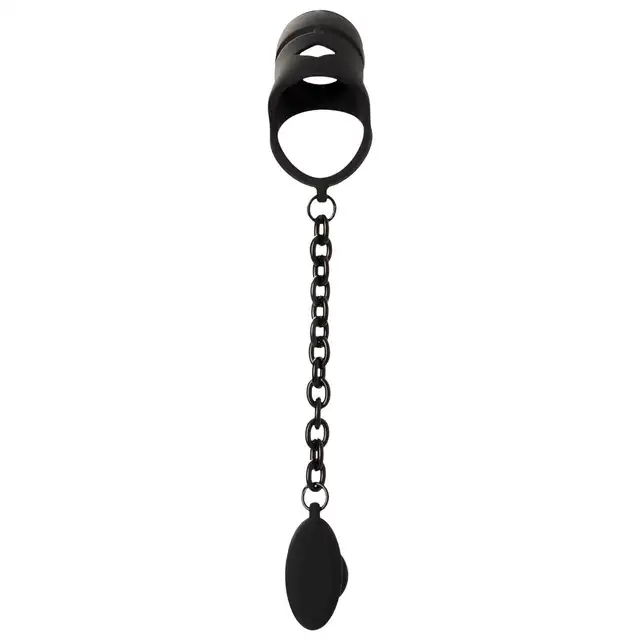 Black Velvets - Cock Cage with Butt Plug. Klatka na penisa, ring na jądra i żebrowany korek analny, połączenie solidnym łańcuszkiem