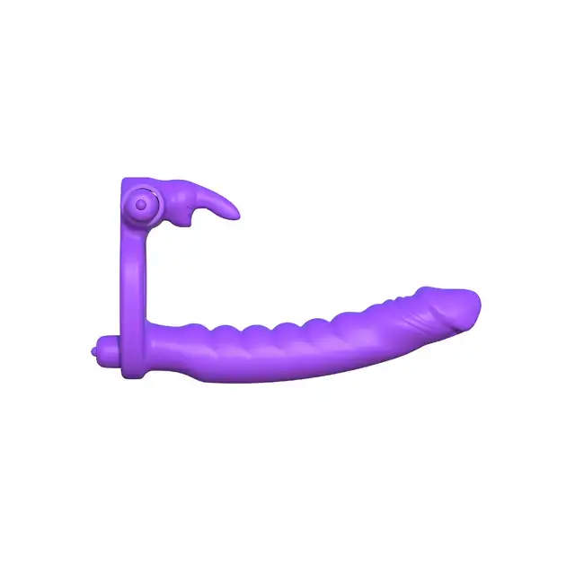 Pipedream - Silicone Double Pene Rabbit. Wibrujący strapon z żebrowaną teksturą, ringiem na penisa i wibrującym stymulatorem łechtaczki