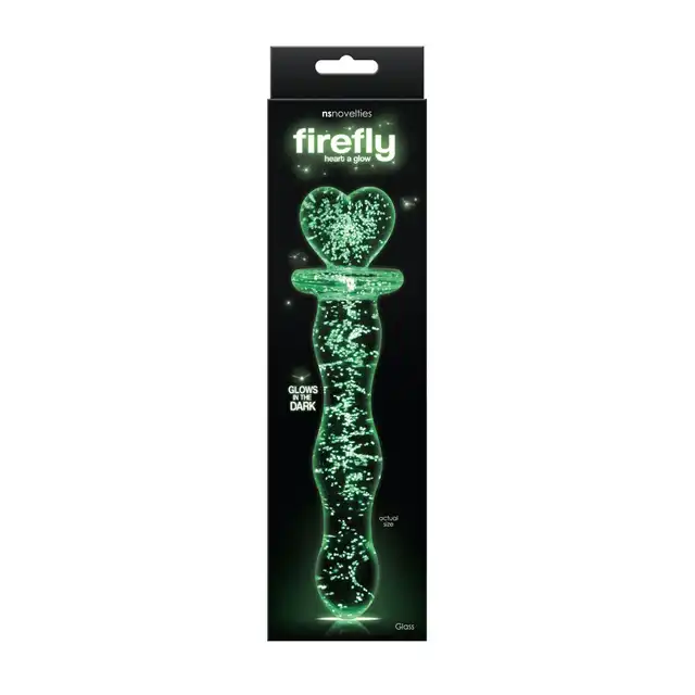 Firefly - Heart A Glow Dong. Szklane, transparentne dildo z ozdobnym uchwytem z sercem, świecące w ciemności