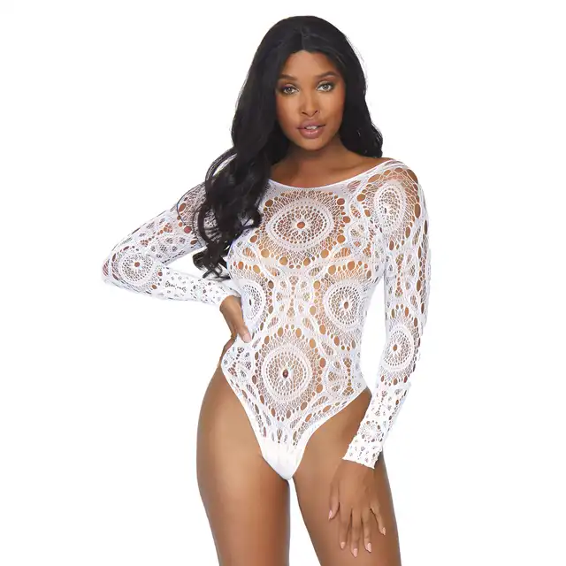 Leg Avenue - Crochet Teddy White M/L. Białe body w szydełkowym stylu, idealnie dopasowanie z wycięciem na plecach