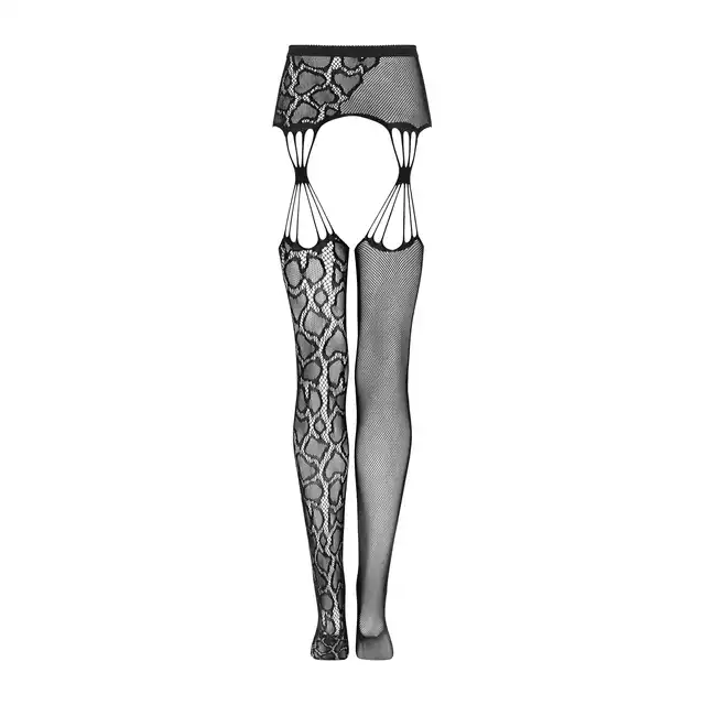 Obsessive - S821 Garterstockings S/M/L. Pończochy z pasem, asymetryczny design ze zwierzęcym wzorem. Pokaż swoją drapieżną naturę